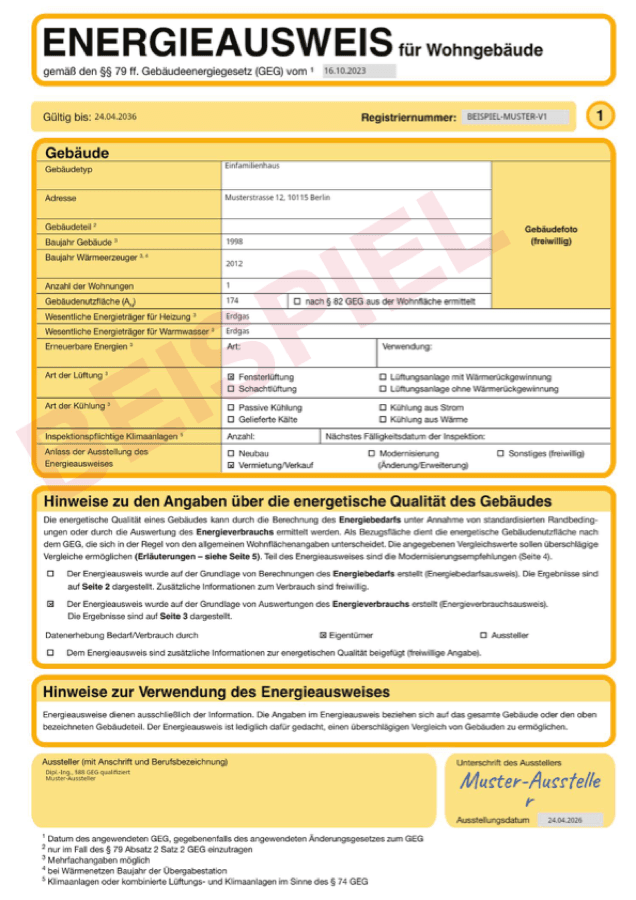 Beispiel Verbrauchsausweis, Seite 1